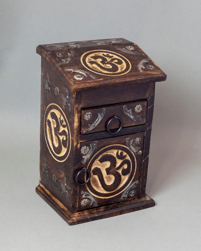 Box, Carved Mango Wood Om w-Drawer 8.5 x 5.5 x 4.5"