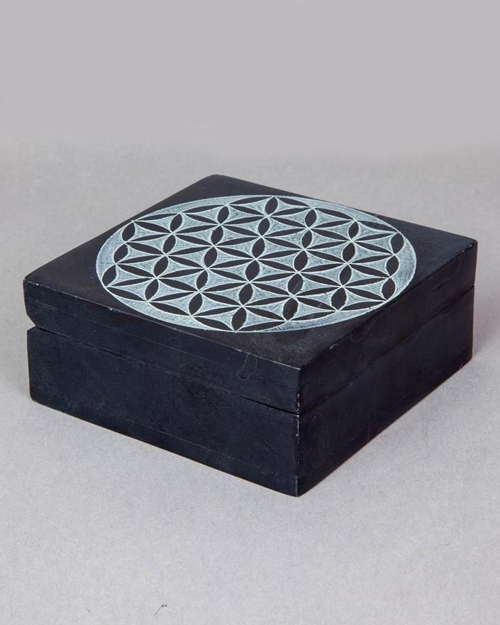Box, Soapstone 4x4 Flower of Life Black