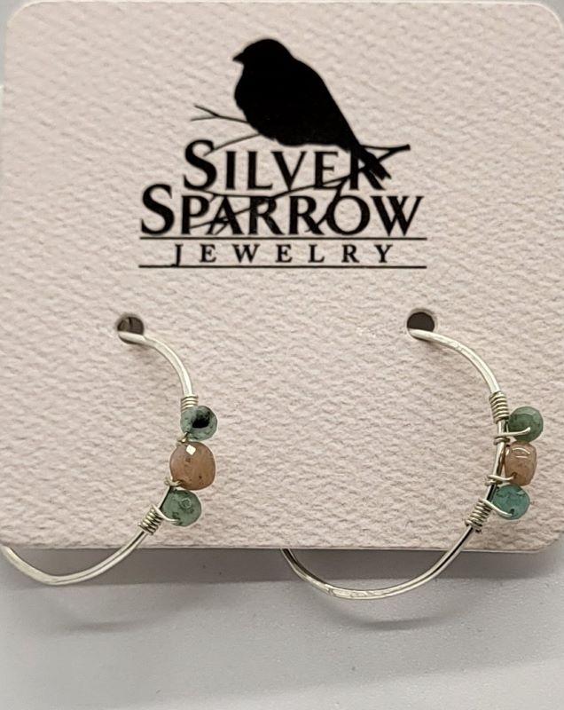 Earrings, Emerald & Sunstone  Forged Hoop