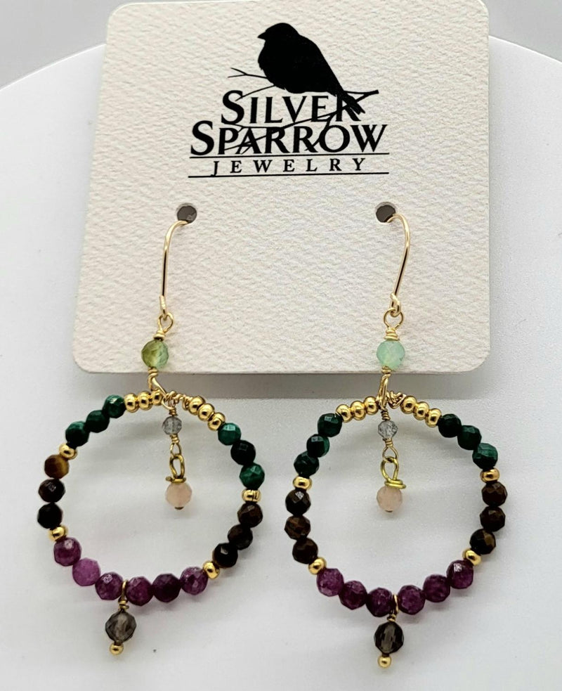 Earrings, Emerald, Tigereye & Ruby Gemstones on Hoop