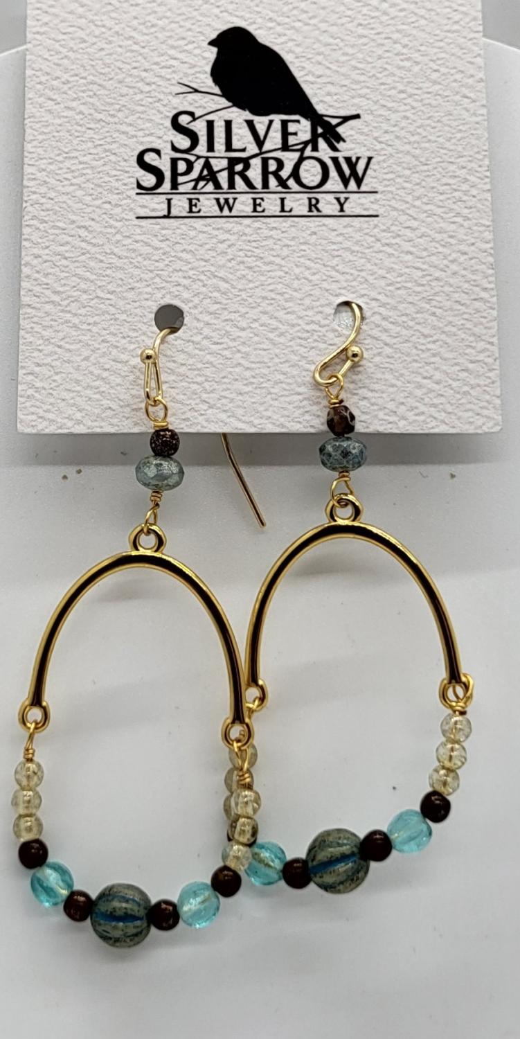Earrings, Gold Half-Hoop Dangle w- Gemstones