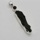 Pendant, Moldavite Freeform Wrapped SS + Faceted Garnet