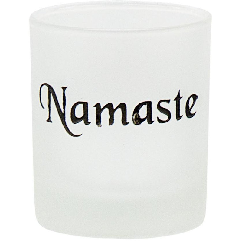 Candle Holder, Etched Glass Votive-Namaste / Black