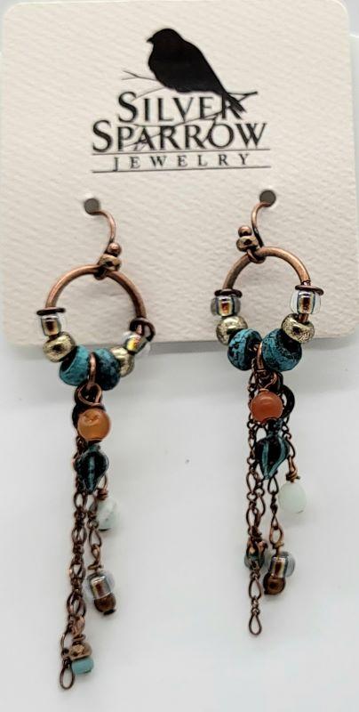 Earrings, Copper w-Patina Charm, Amazonite & Carnelian Gemstones