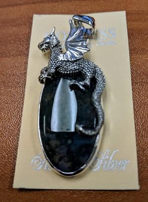 Pendant, Dragon Sitting on Oval Moss Agate, SS