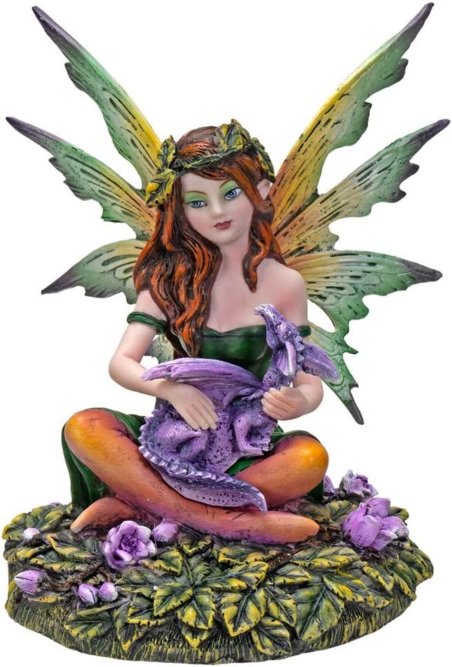 Fairy, Sitting w-Baby Dragon Purple & Green  6in. H.
