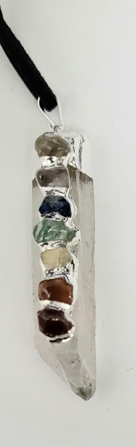Necklace, Clear Quartz Point w-Chakra Gemstones on Black Cord