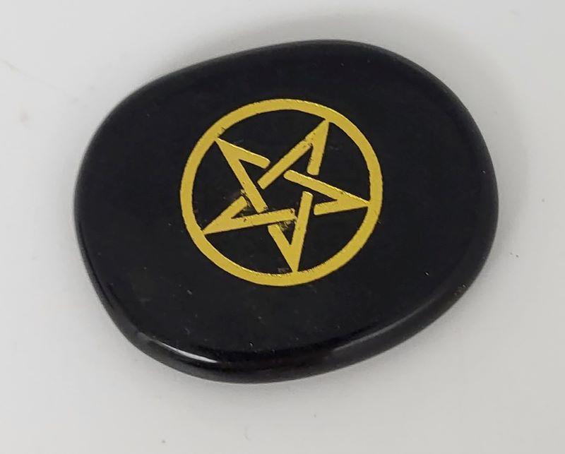 Black Obsidian Flat Stone w-Gold Pentacle