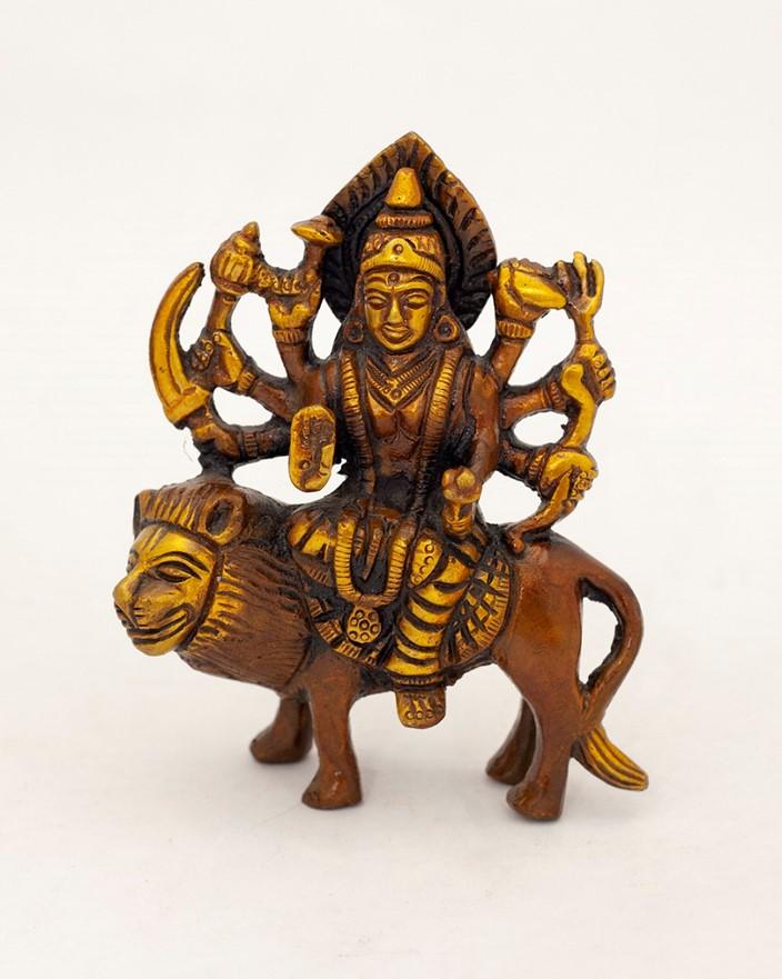 Durga Sitting on Lion, 4" Brass