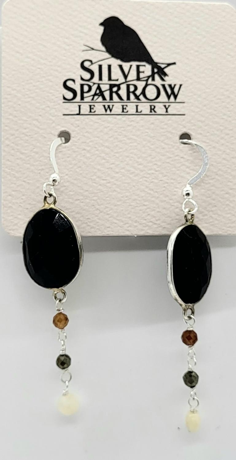 Earrings, Black Onyx Bezel w-Baubles Sterling Silver