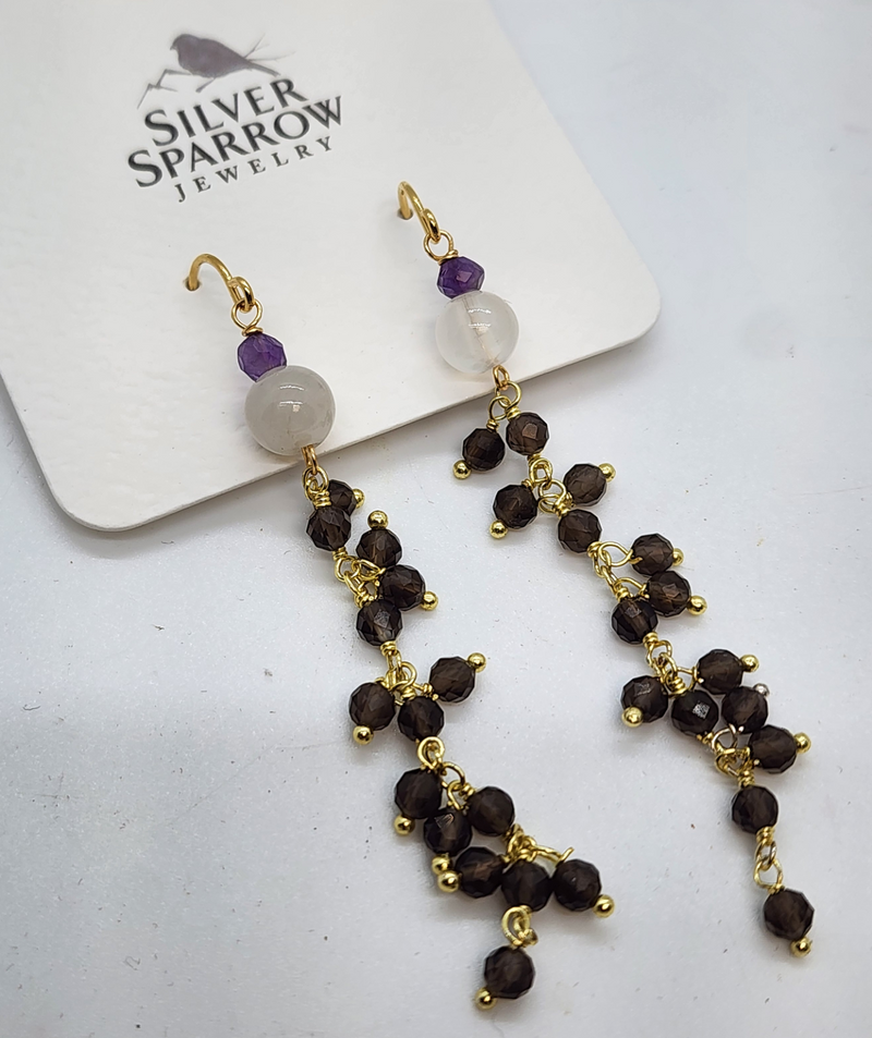 Earrings, Cascade w-Carnelian, Amethyst & Smokey Quartz Gold