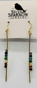 Earrings, Gold 2.25" Drop  w- Chakra Gemstones