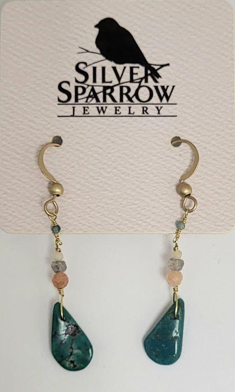 Earrings, Gold Dangle w-Turquoise & Mixed Stones