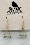 Earrings, Gold Triangle w-Blue Apatite & Opal Gemstones