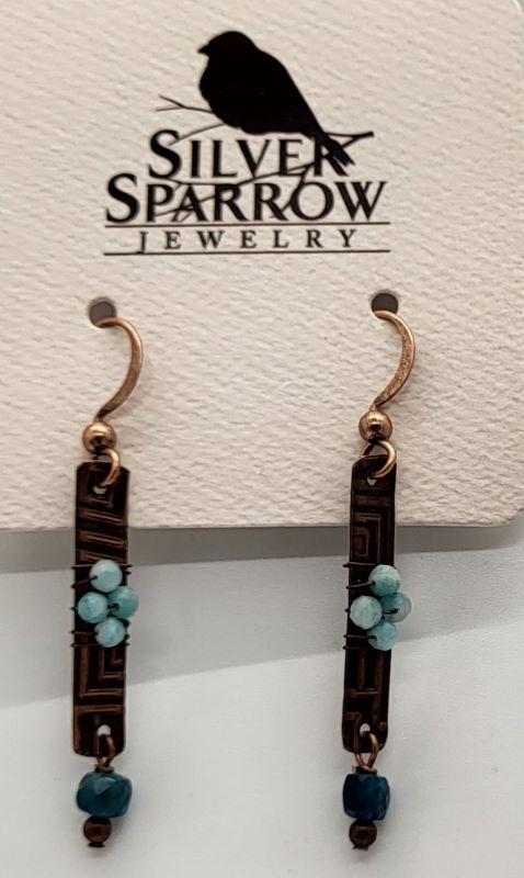 Earrings, Handmilled Copper w-Amazonite & Apatie Gemstones
