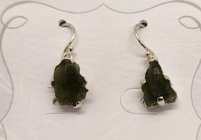 Earrings, Moldavite Raw Stone SS