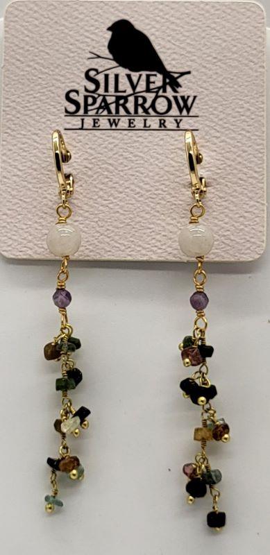 Earrings, Multi-Color Tourmaline w-Jade Gold Dangle