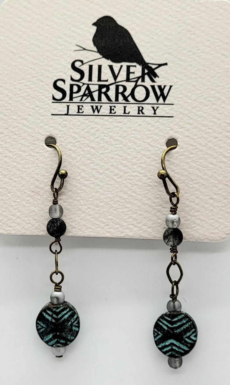 Earrings, Patina Tribal Bead w--Mixed Gemstones