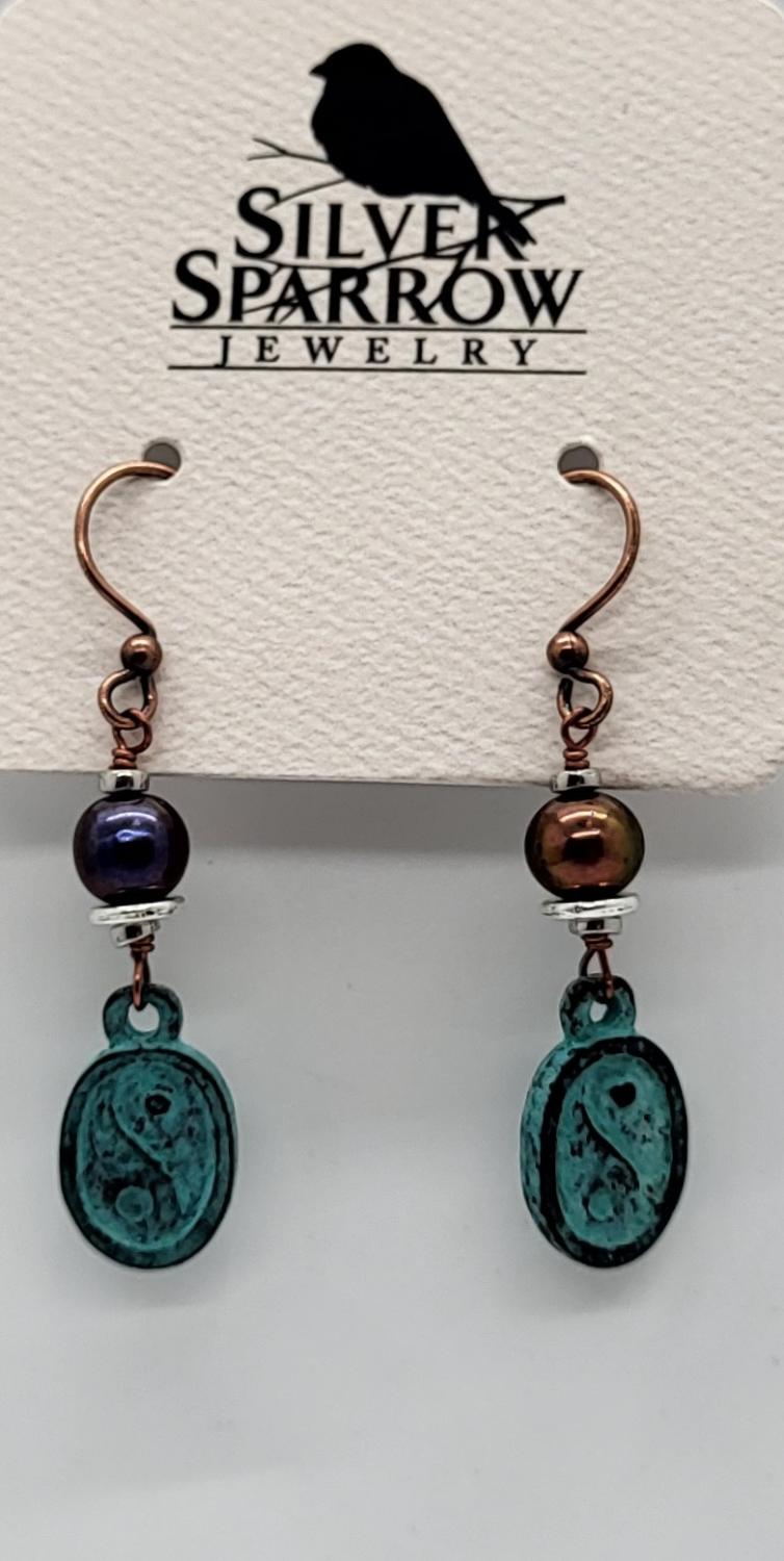 Earrings, Patina Ying/Yang w-Pearl