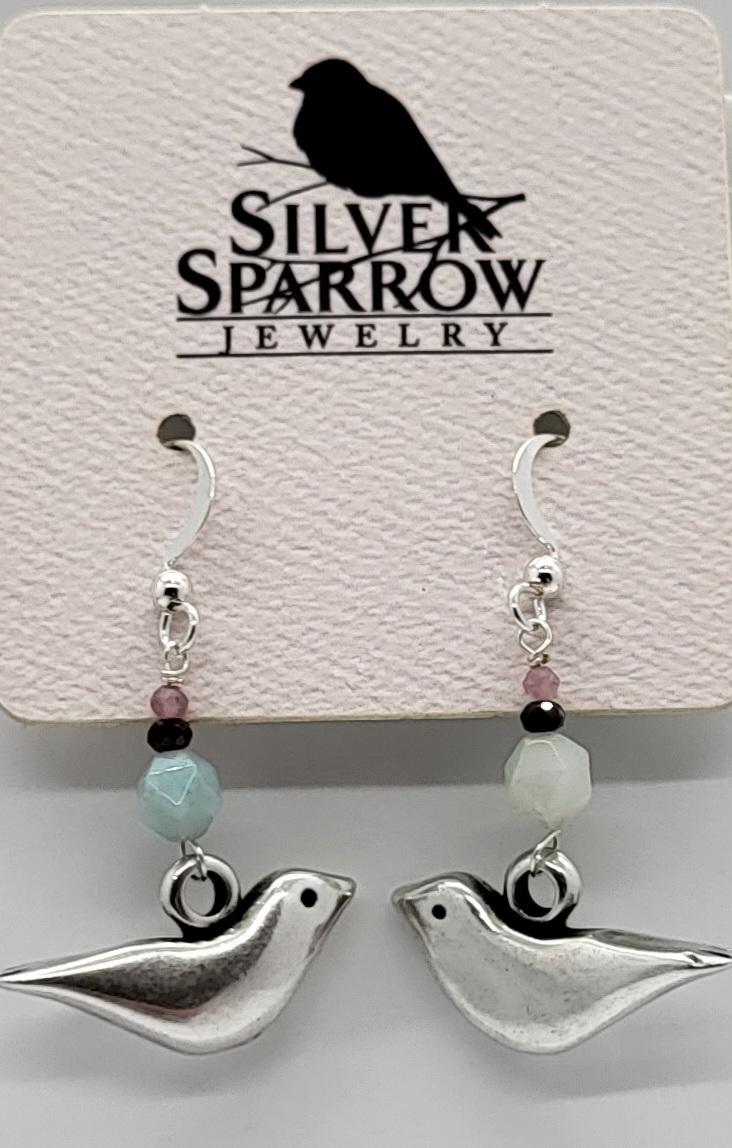 Earrings, SS Bird w- Gemstones Dangle