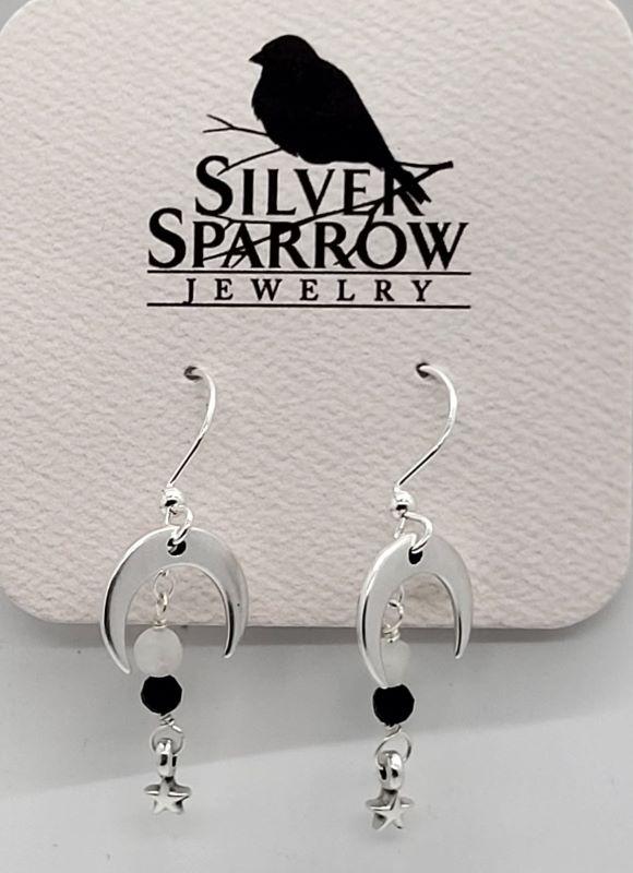 Earrings, Silver Dangle w-Crescent Moon and Star