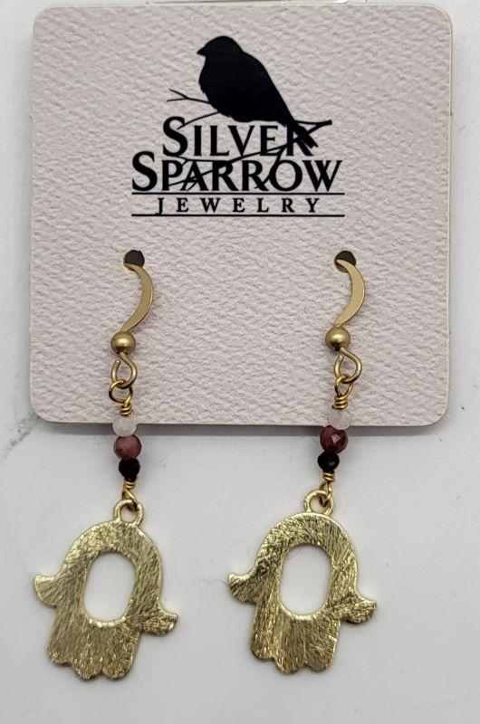 Earrings, Gold Hamsa w-Stones