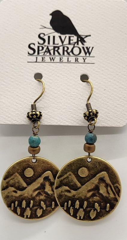 Mountain Scene Dangle Earrings with Turquoise Stones