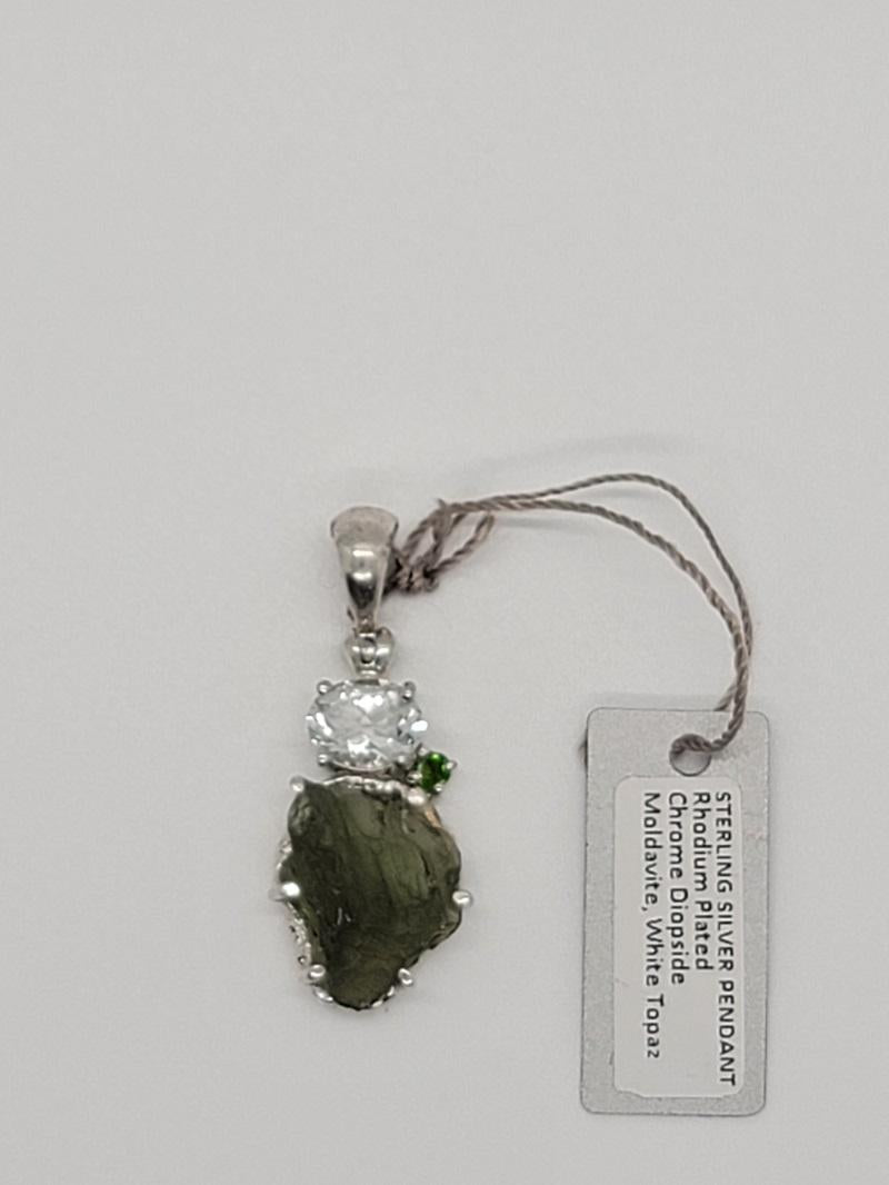 Pendant, Moldavite Freeform/Topaz/Chrome Diopside Facet SS