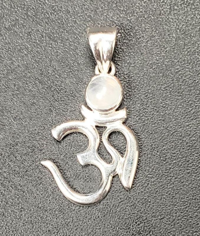 Pendant, SS Om Symbol w- Rainbow Moonstone