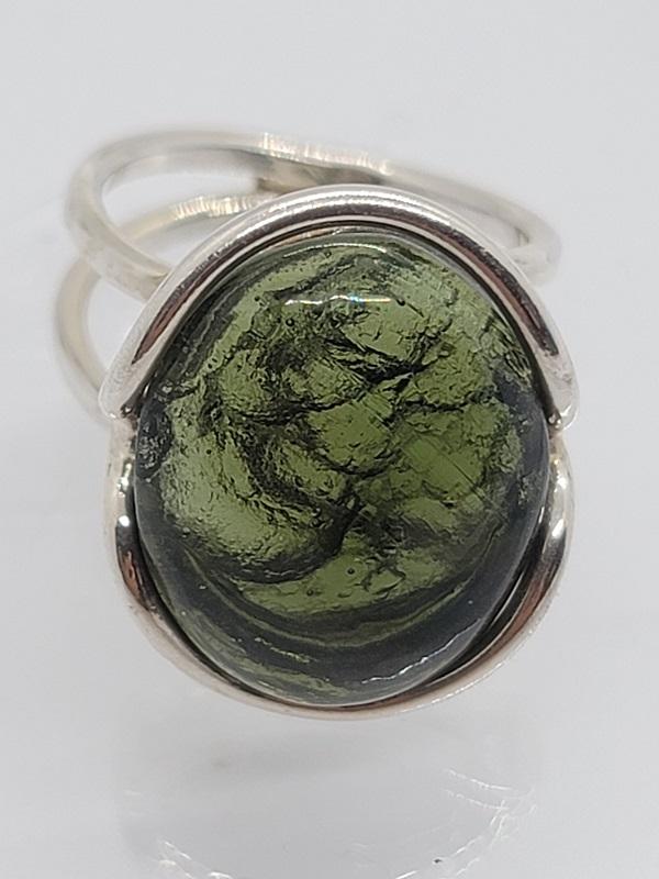 Ring, Moldavite Polished Cabochon Extra Quality