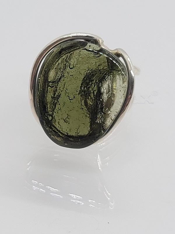 Ring, Moldavite Polished Cabochon Extra Quality