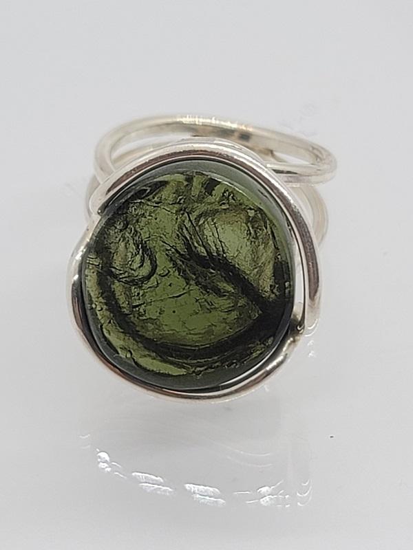 Ring, Moldavite Polished Cabochon Extra Quality