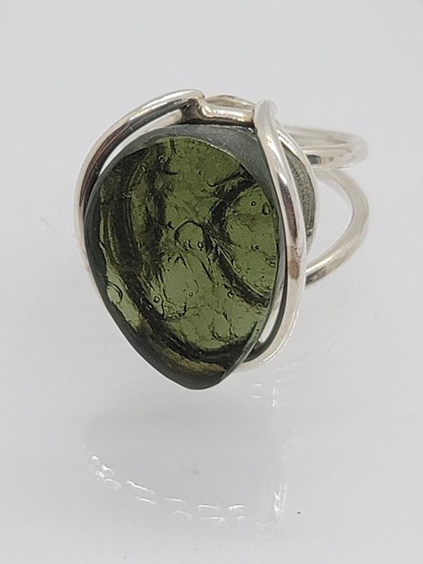 Ring, Moldavite Polished Cabochon Extra Quality