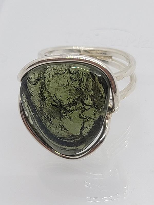 Ring, Moldavite Polished Cabochon Extra Quality