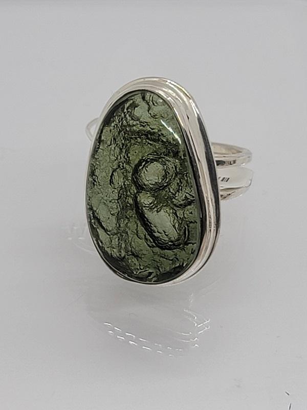 Ring, Moldavite Polished Cabochon Extra Quality