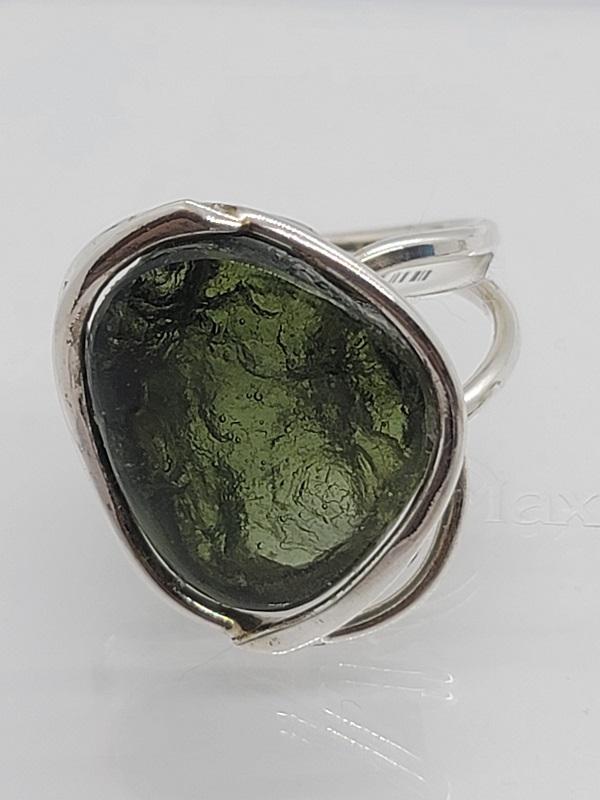 Ring, Moldavite Polished Cabochon Extra Quality