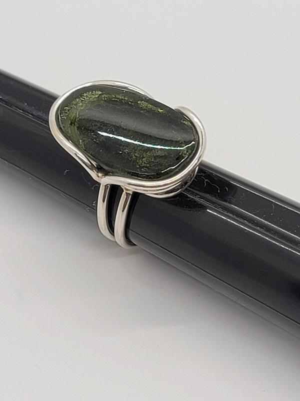 Ring, Moldavite Polished Cabochon Extra Quality