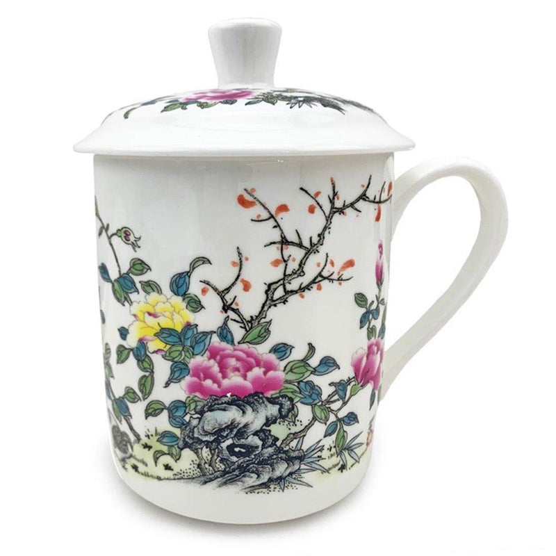 Tea Cup, Bone China Mug w/Lid-Floral