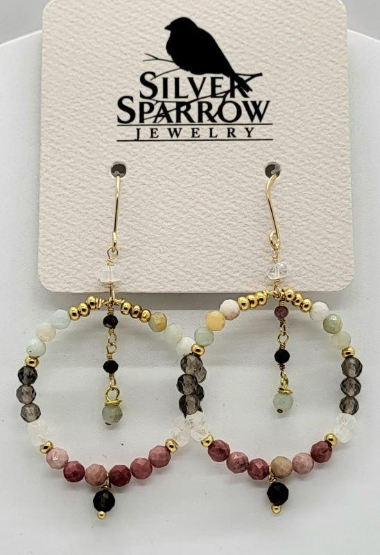 Earrings, Gold-Filled Hoop w-Amazonite, Rhodonite & Smokey Quartz