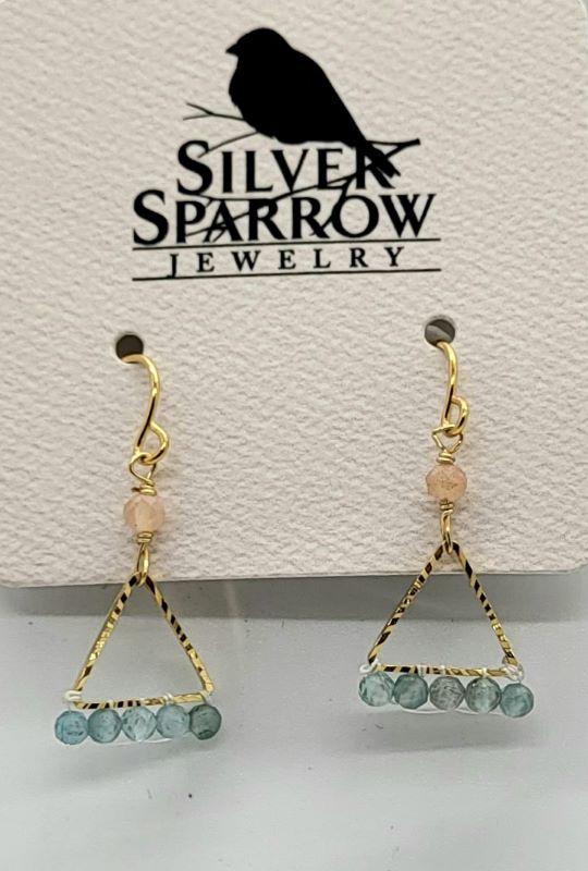 Earrings, Gold Triangle w-Blue  Apatite & Opal Gemstones