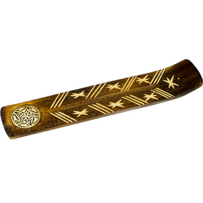 Incense Holder, Wide Engraved Wood w-Celtic Pentacle 2.25 x 10.5"