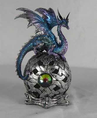 Dragon, Blue Purple w/LED Sitting on Woven Metal-Look Globe 8in. H.