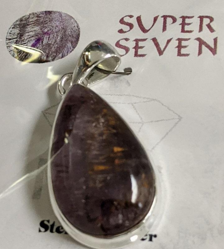 Pendant, Super Seven in sterling silver setting