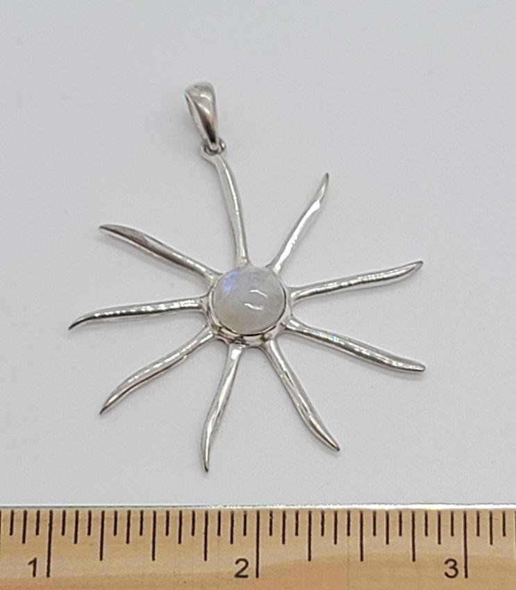 Pendant, Moonstone/Rainbow Sun in sterling silver setting