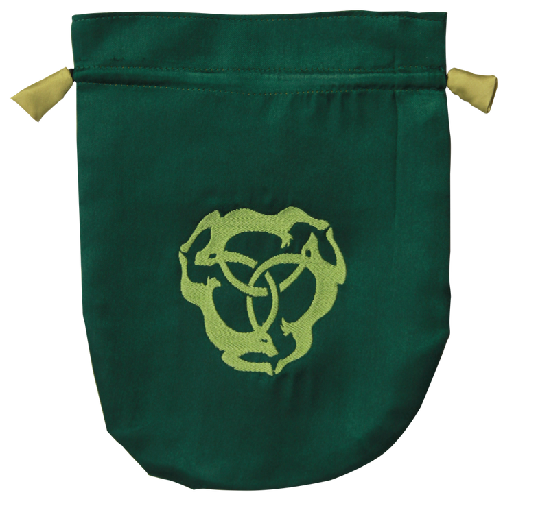 Pouch, Satin 6 x 8 Triple Hare/Celtic Knot  Dark Green w/lime green satin lining
