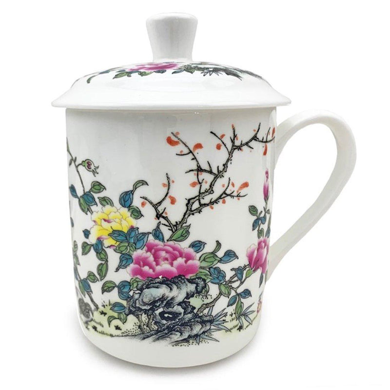 Tea Cup, Bone China Mug w/Lid-Floral - ForHeavenSake
